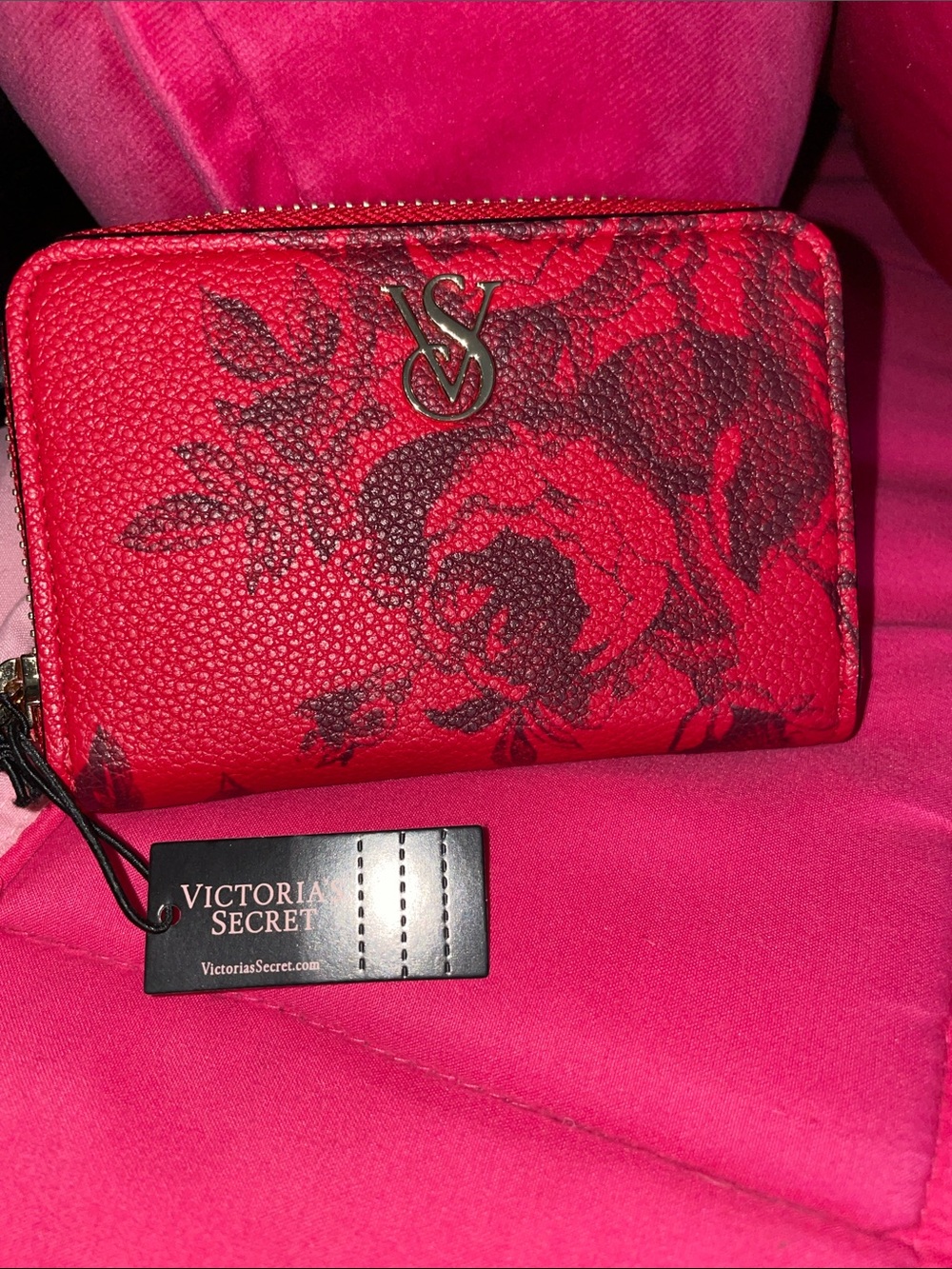 Victoria's Secret Red Wallet with Black Floral Print and VS Logo - Picture 2 of 3